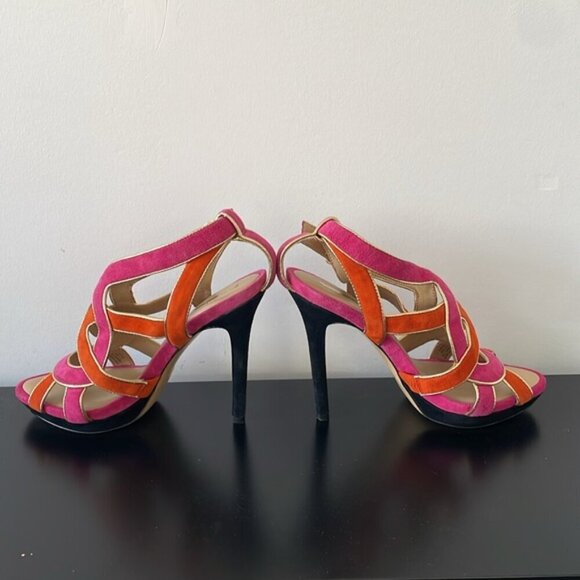 BCBG MaxAzria Kaycee Strappy open toe Suede Platform Sandals 8.5 pink/orange - Picture 2 of 9